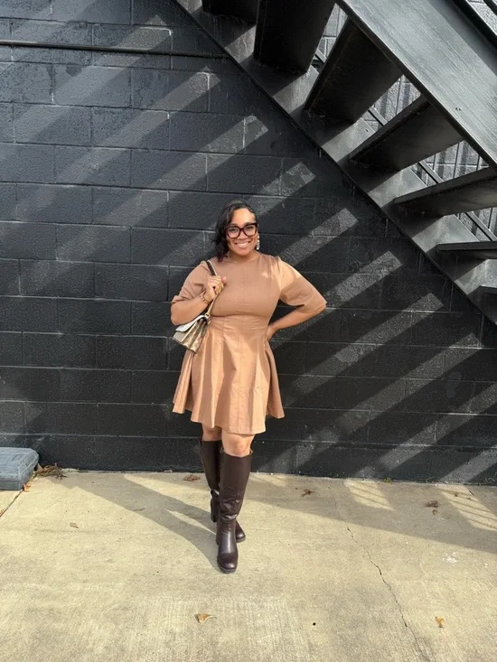 Women’s Short Sleeve Fit-and-Flare Dress in Tan - Picture 3 of 3